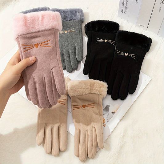 Cozy Women's Suede Gloves with Cute Cat Design - Warm Fleece-Lined Winter Gloves with Plush Cuffs, Touchscreen Compatible & Windproof