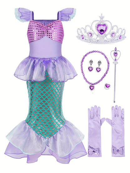 Girl's Mermaid Princess Dress With Accessories Set, Sequin Decor Mesh Ruffled Dress, Fairy Tale Character dress, For Halloween Holiday Party Prom Birthday Performance