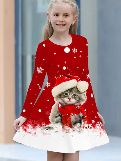 Soft Comfy Long Sleeve Festive Christmas Cat Print Dress For Girls, Holiday Dresses For Spring Fall Everyday, Party, Going Out