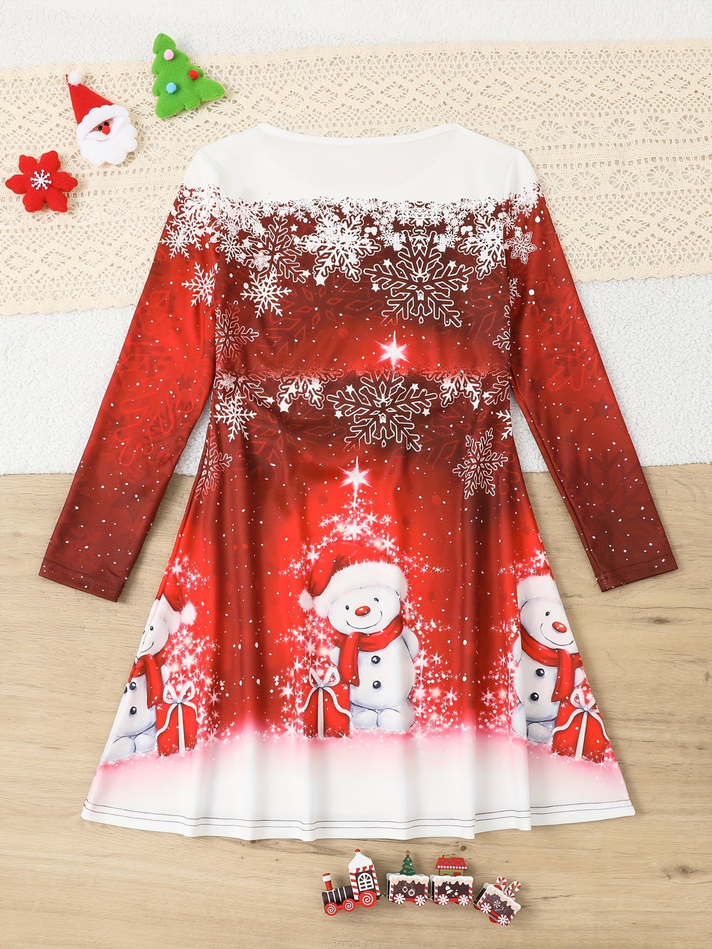 Long Sleeve Elegant Snowman Graphic Dress for Girls (Random Cut, Slight Different From Picture) for Spring Fall Christmas Gift Party