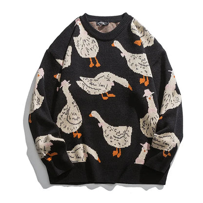 Mens Sweaters Japanese Knitted Sweater Men Cartoon Animal Duck Goose Print Pullover Harajuku Casual Oneck Oversize Top Streetwear Unisex Fall 221008