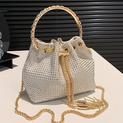 Elegant Sparkling Rhinestone Bucket Bag | Secure Drawstring Polka Dot Satchel | Luxury Evening Shoulder Chain Bag