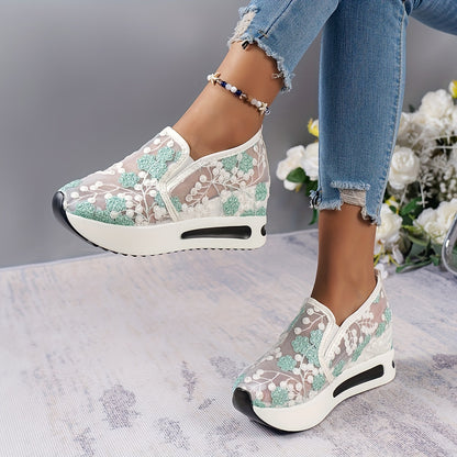 Womens Floral Lace Charm - Casual Height Enhancing Slip-On Shoes with Stylish Platform - Versatile Low Top for Everyday Elegance