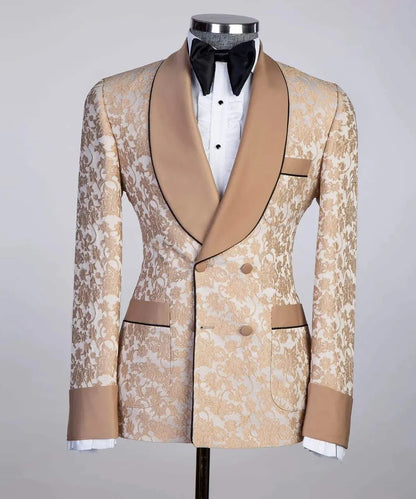 Floral Jacquard Mens Wedding Tuxedos Slim Fit Champagne Shawl Lapel Double Breasted Jacket 2 Pieces Black Pants