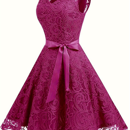VAKKV Charming Lace V-Neck Bridesmaid Dress - Adjustable Tie Waist, Flowy Sleeveless Swing Style - Premium Evening Wear for Women