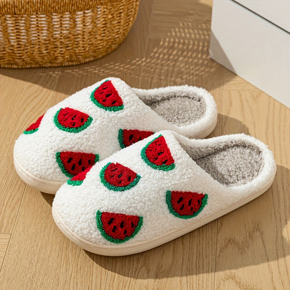 Corduroy Fruit Pattern Plush Slippers - Ultra Soft, Warm, and Comfortable Indoor Shoes with Flannel Insole and TPR Sole for All-Season Wear - Casual, Slide-On Design for Home Relaxation