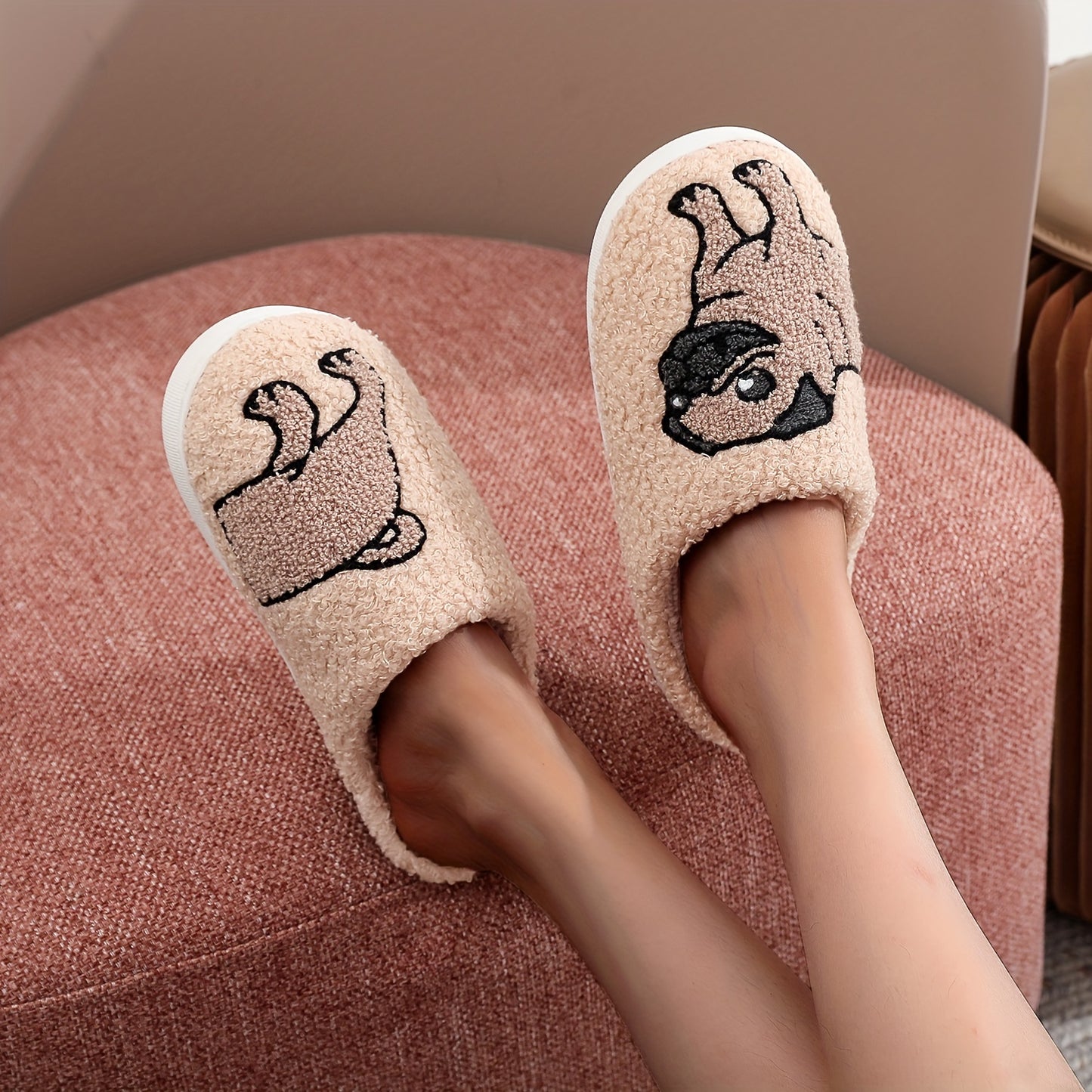 Cozy Cartoon Pug Dog Pattern Slippers - Soft Fabric Lined, Plush Comfortable Indoor Shoes with TPR Sole, Casual Slip-On Design for All-Season Wear - Cartoon Character Print, Fabric Upper, and Anti-Slip Bottom