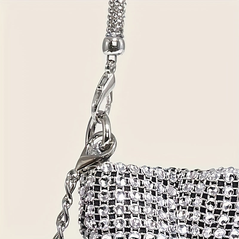 Shiny Rhinestone Evening Satchel | Chic Solid Color Glitter Handbag with Drawstring, Polyester Lined for Stylish Women's Carnaval and Special Occasions