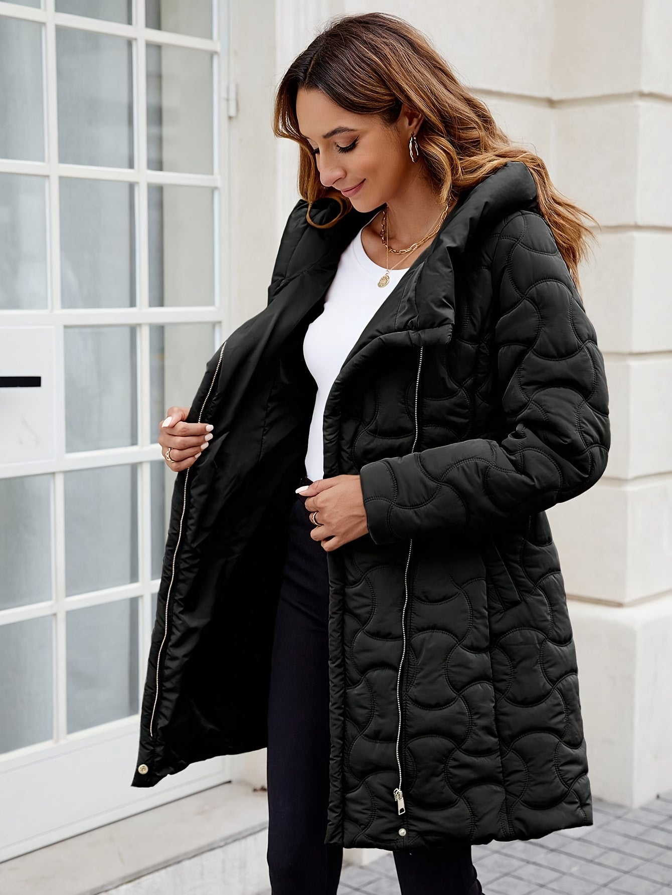 Women's Elegant Long Sleeve Hooded Cotton-padded Jacket Coat - Solid Color Zipper Front Coat with Belt and Pockets for Winter