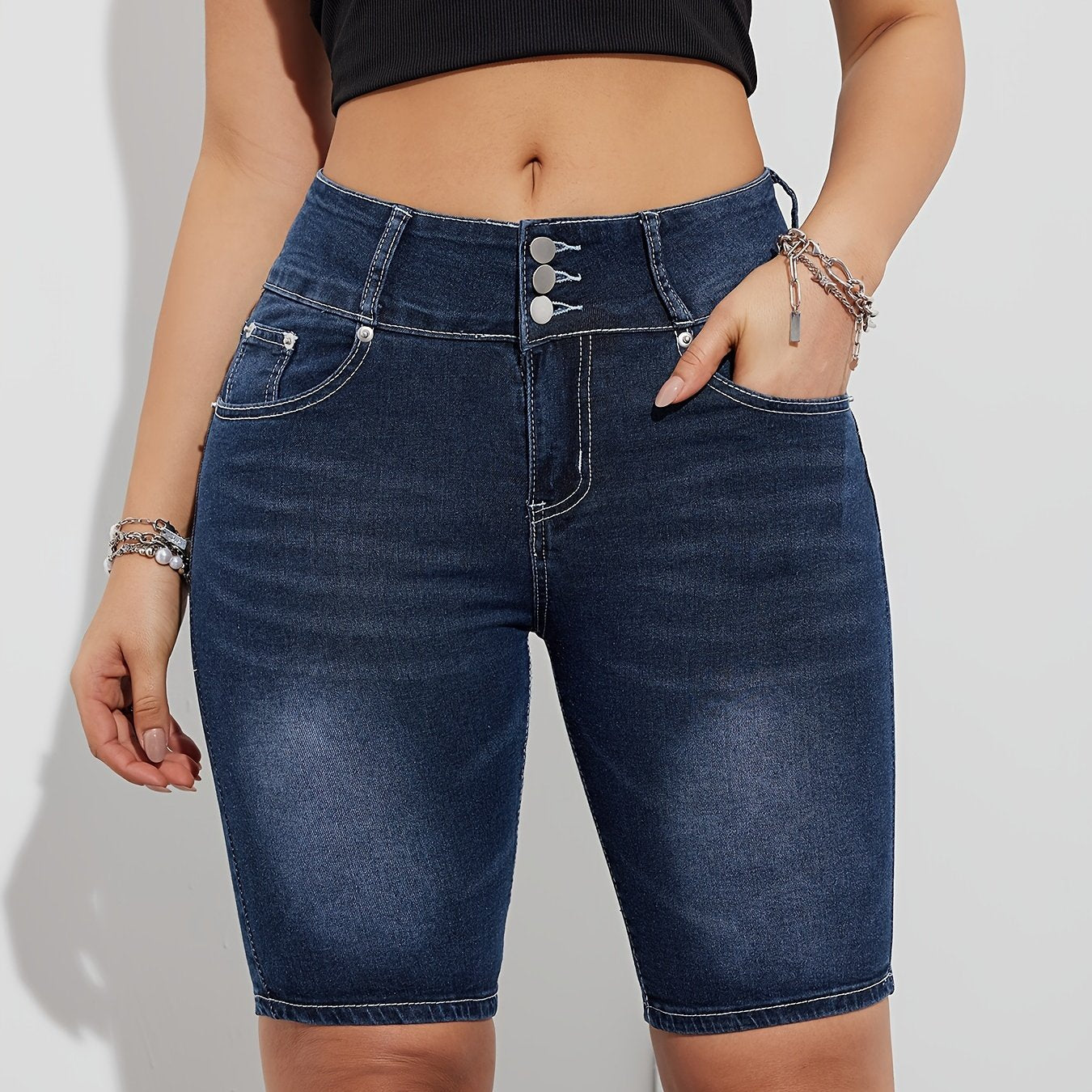 Womens Fashionable Bermuda Denim Shorts - Ultra-Comfortable Stretch with Distressed Whiskering Wash - Trendy Slash Pockets, Single-Breasted Design - Classic Blue Jeans & Casual Clothing Essential