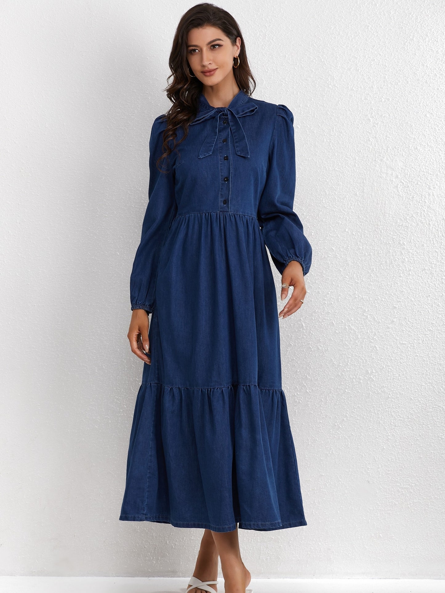 Elegant Style Plain Washed Blue Bowknot Tiered Layered Ruffled Puff Long Sleeve Maxi Denim Dress, Women's Denim Jeans & Clothing