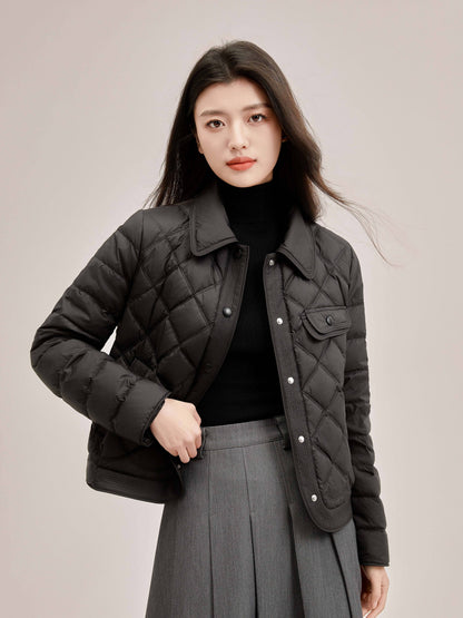 Solid Button Front Lapel Neck Coat, Casual Side Pockets Long Sleeve Quilted Crop Down Coat For Fall & Winter, Women's Clothing