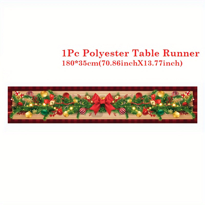 Vibrant Red Buffalo Plaid Christmas Table Runner - Polyester Table Runners with Poinsettia, Holly Leaf, and Bell Red Bow Design - Merry Christmas Home Decoration for Holiday Season