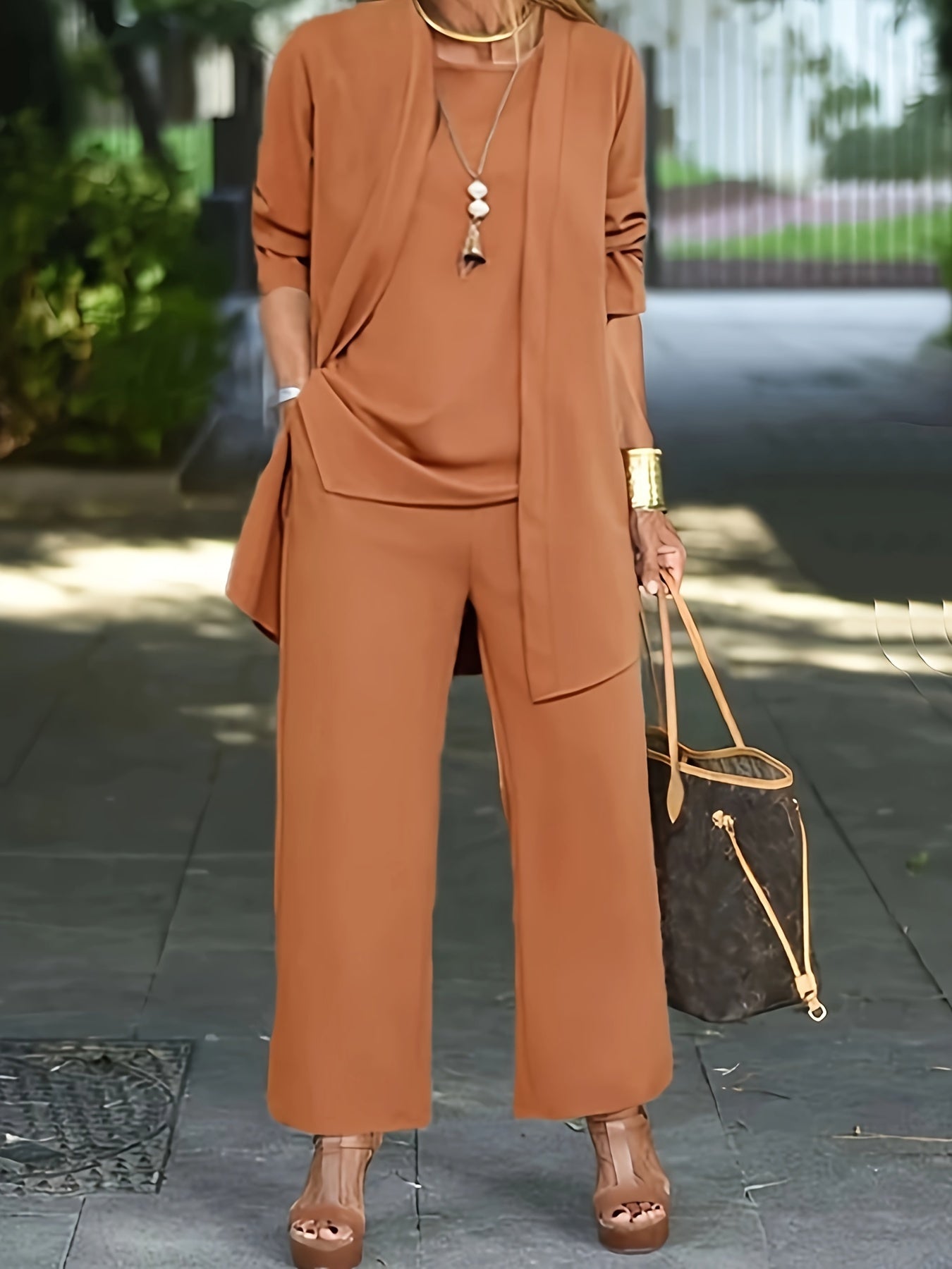 VAKKV Casual Three-piece Solid Set, Long Sleeve Cardigan & Top & Long Pants Outfits, Women's Clothing