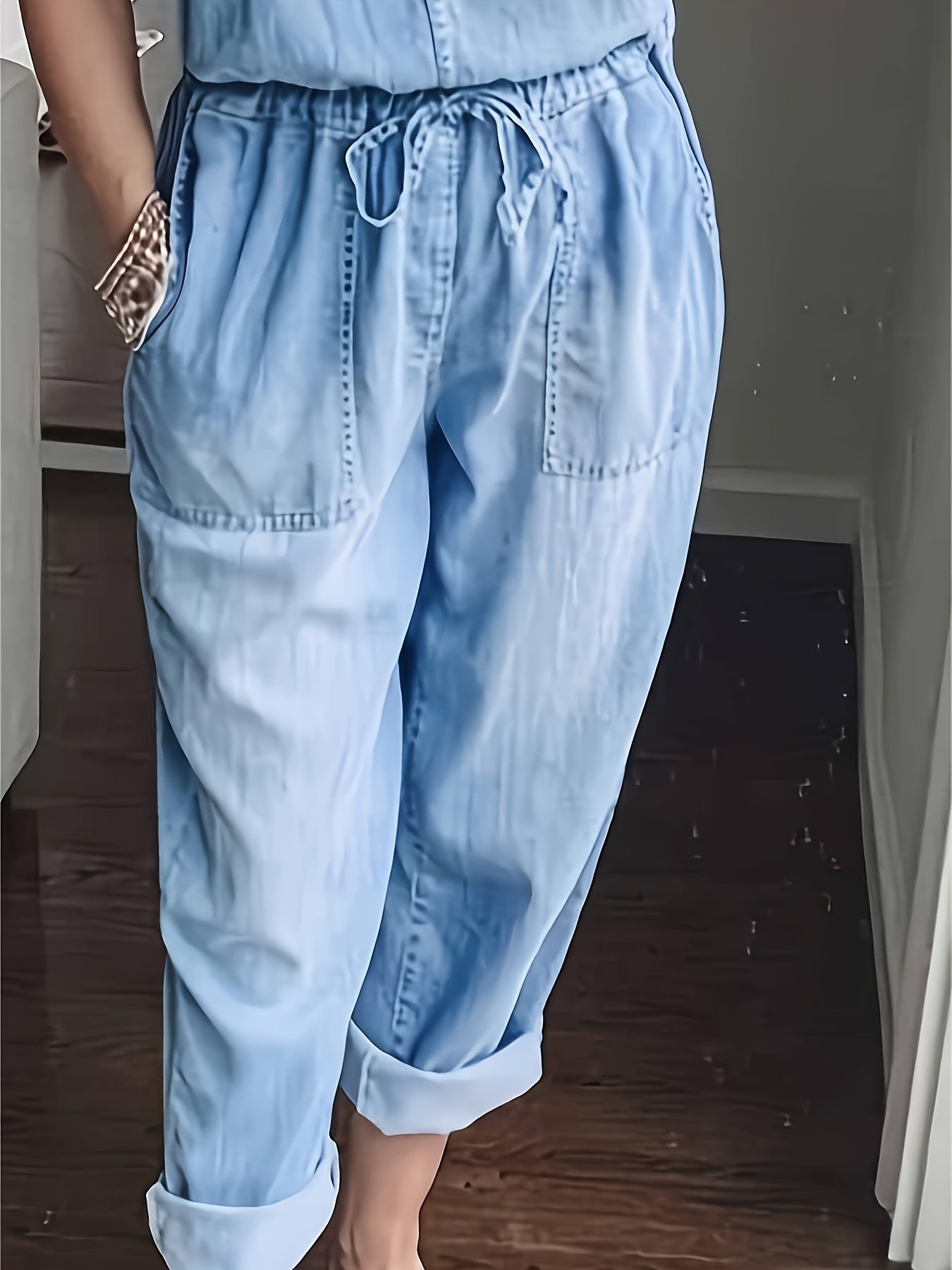 Womens Solid Color Drawstring Waist Non-Stretch Denim Jumpsuit - Casual Fashion Overalls with Patched Pockets, Adjustable Hem, and Relaxed Fit - Perfect for All Seasons