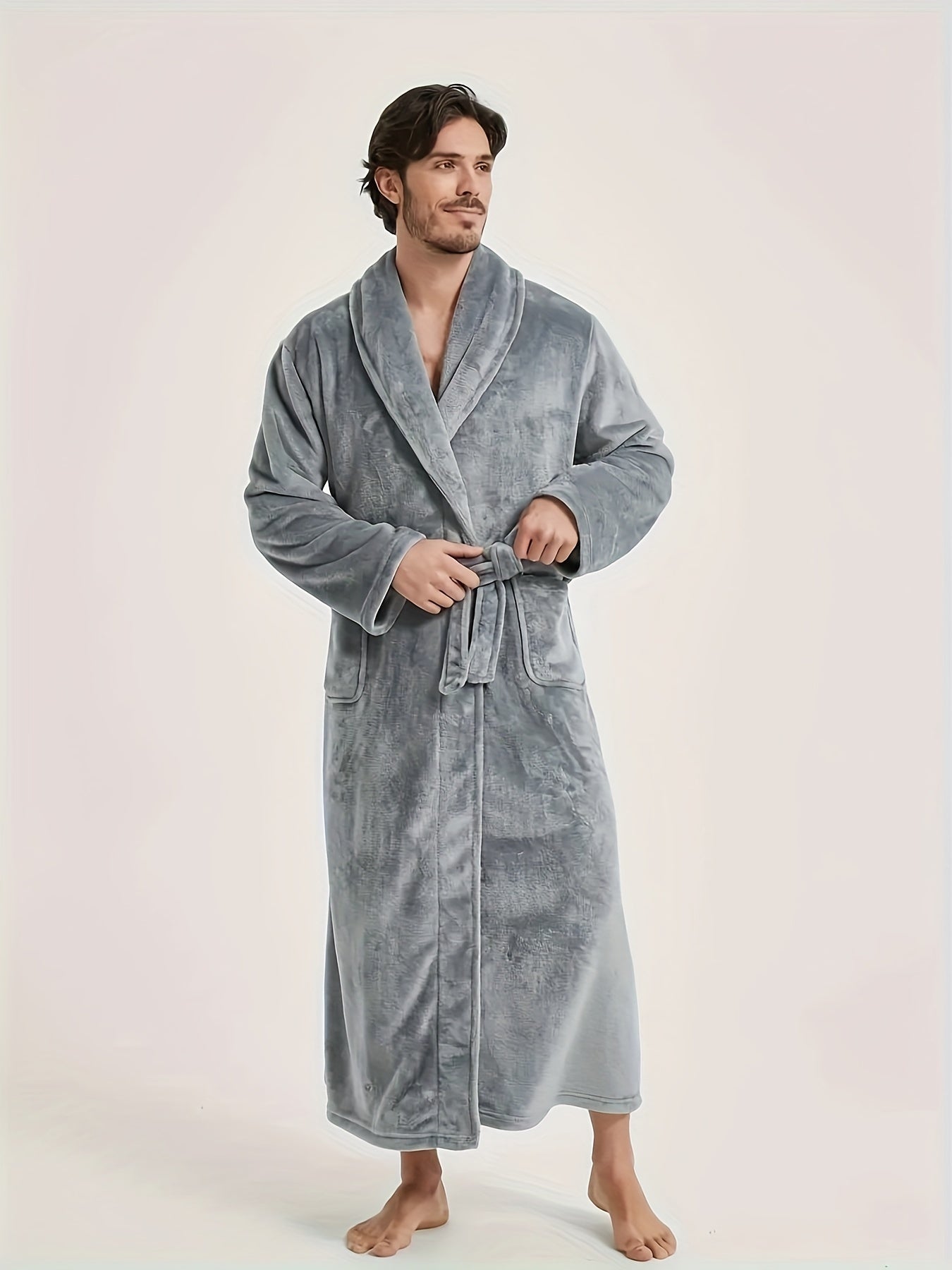 Cozy V-Neck Flannel Robe - Soft Fleece Elegant Long Sleeve Lounge Wear for Men - Autumn/Winter Comfortable Loose Fit, Super Stylish, Plush Fabric, Warm and Breathable