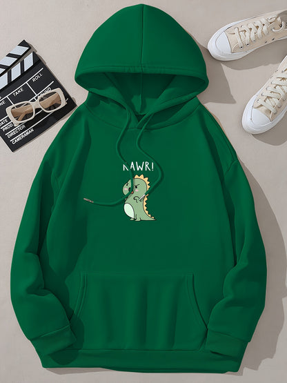 Cute Cartoon Dinosaur Print Hoodie, Drawstring Casual Hooded Sweatshirt For Winter & Fall, Women's Clothing