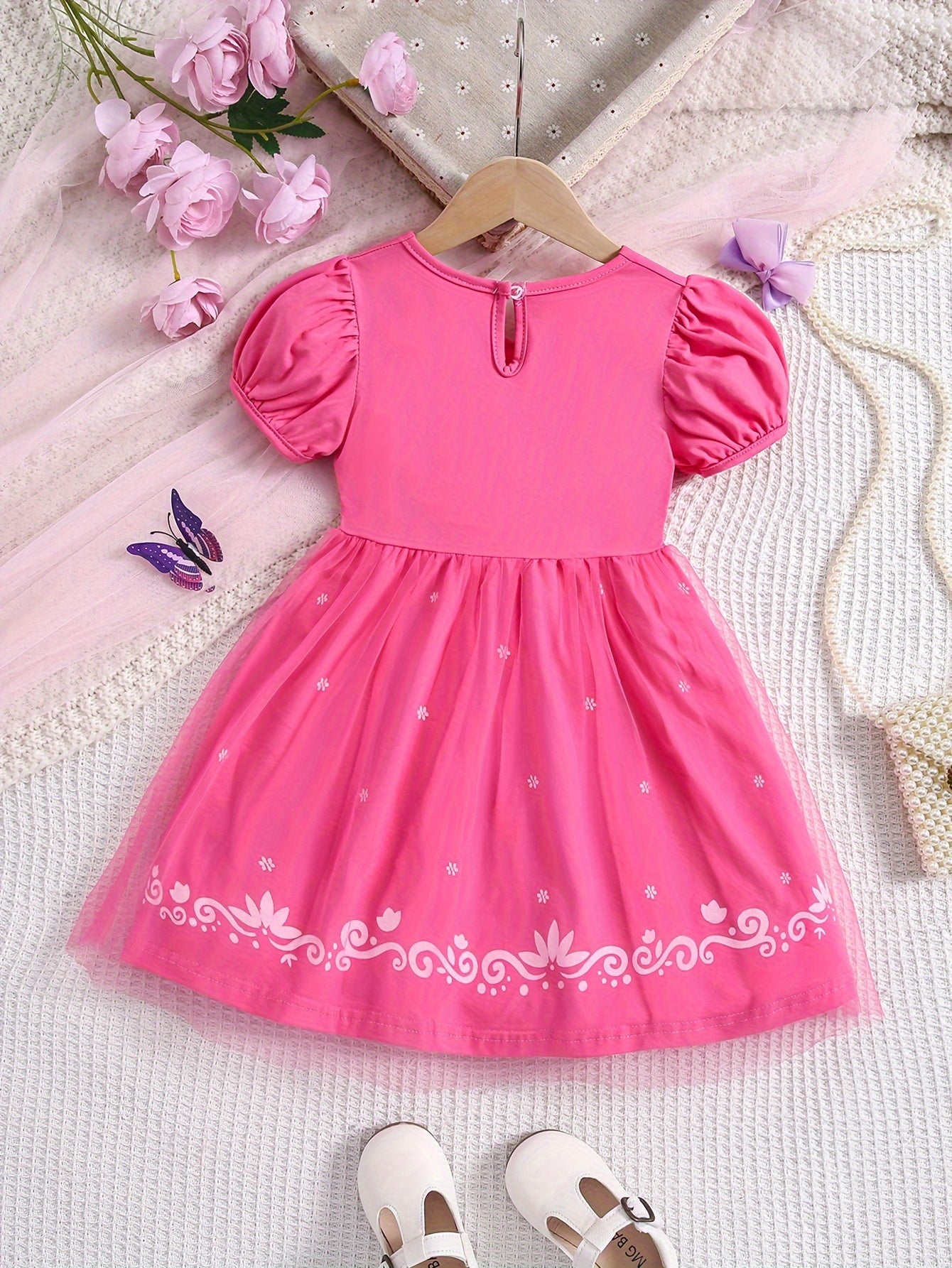 Girls Princess Dress Puff Sleeve Tulle Ribbon Print Halloween Holiday Party Prom Birthday Performance Dress