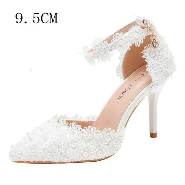 9Cm White Lace Wedding One Word Buckle Strap Thin Heels Pointed Toe Bride Female Sandals Bridesmaid Shoes Kq8