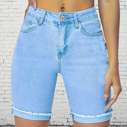 Womens Chic Light Blue Denim Bermuda Shorts - High Waist, Stretchy, Frayed Hem, Mid-Length, Casual & Stylish