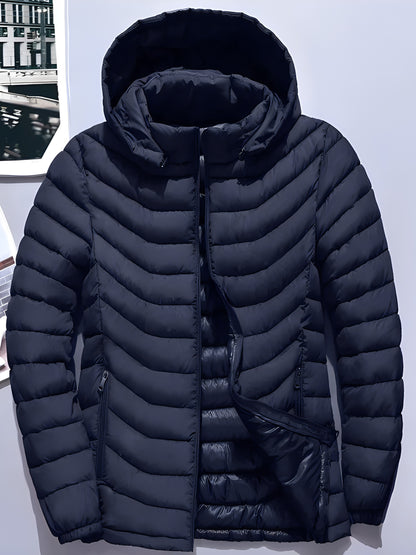 Men's Stylish Solid Puffer Coat With Pockets, Casual Breathable Stand Collar Zip Up Long Sleeve Warm Hooded Quilted Jacket For City Walk Street Hanging Winter Outdoor Activities