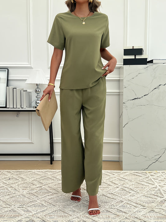 Chic Slant Pocket Womens Two-Piece Set - Loose Short Sleeve T-Shirt & Wide Leg Pants Outfit - Comfortable Casual Wear for Summer - Trendy Matching Design with Stylish Slant Pockets