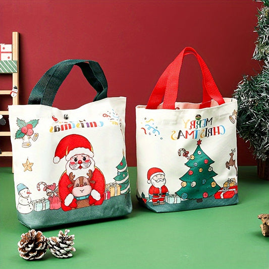 1pc Festive Canvas Tote Bag, Merry Christmas & Happy New Year 2025 Design, Santa Claus & Reindeer Print, Holiday Gift & Grocery Handbag, Uncharged, Durable Material