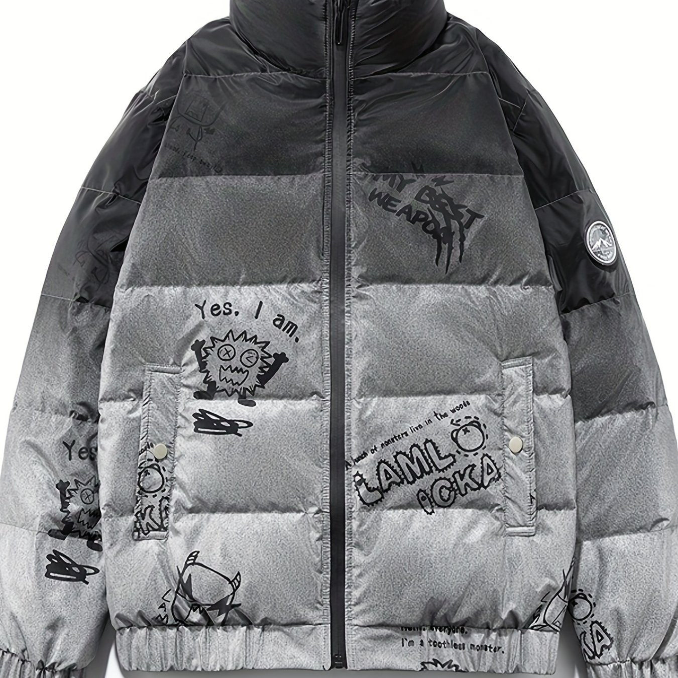 Chic Warm PU Puffer Jacket, Men's Casual Graffiti Graphic Print Stand Collor Duck Down Padded Coat For Fall Winter