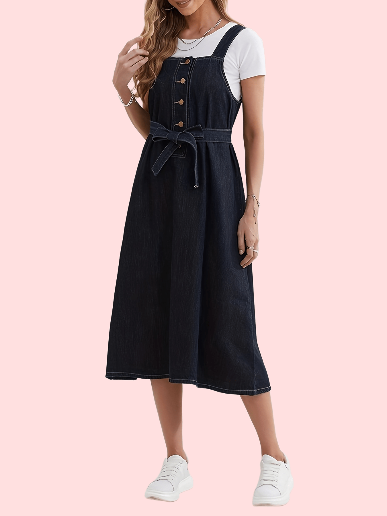 Chic Single Breasted Denim Overall Dress - Fashionable Button Detail, Non-Stretch Comfort, Adjustable Waistband - Premium Womens Denim Clothing