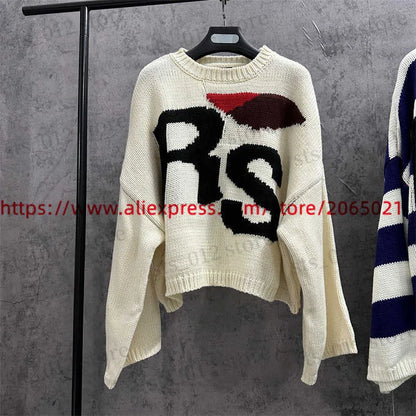 Men's Sweaters Blue Stripe RAF SIMONS RS Sweater For Men Women Top Version Oversize Bat Shirt Knit Sweatshirts T230921