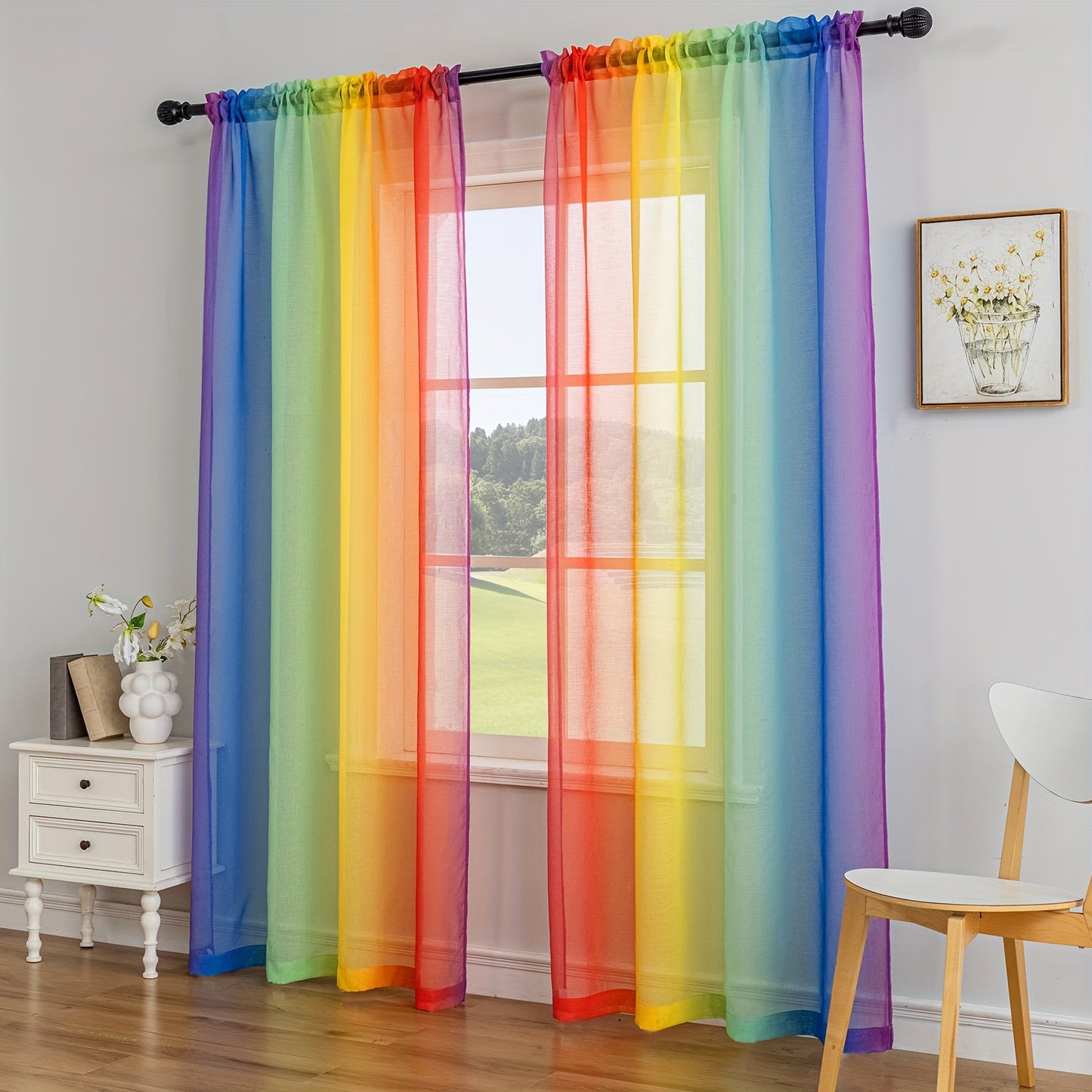 2pcs Rainbow Print Translucent Curtains Yarn Curtains For Living Room Bedroom Balcony Office Home Decor