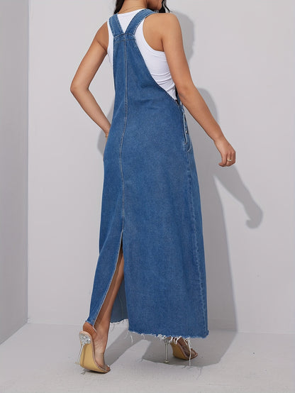 Chic Blue Distressed Denim Overall Dress - Adjustable Straps, Loose Maxi Fit, Stylish Womens Jeans Clothing