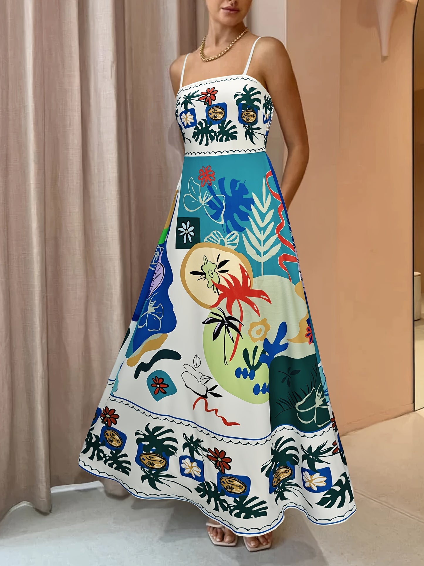 VAKKV  Vibrant Graffiti Print Dress - Stylish Square Neckline, Daring Backless Design, Delicate Spaghetti Straps, Flattering High Waist Silhouette, Chic Cami Style - Perfect for Women, Ideal for Casual Occasions, Womens Clothing