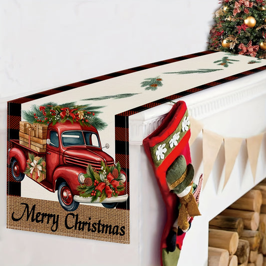 Yuletide Bliss, Merry Christmas Table Runner - Buffalo Plaid with Truck & Tree Design, Polyester, Perfect for Holiday Dining Decor, 13" x 72