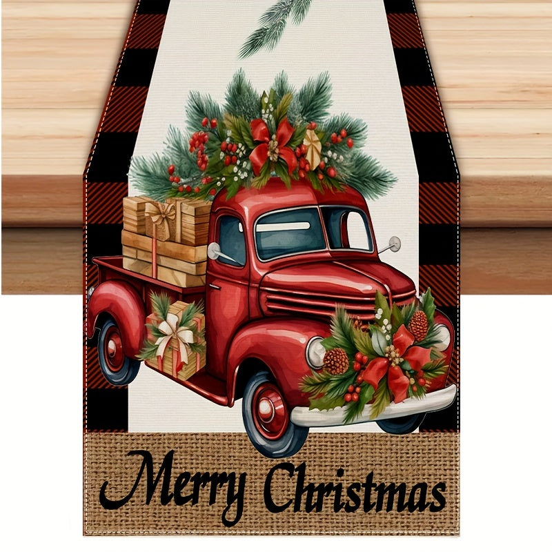 Yuletide Bliss, Merry Christmas Table Runner - Buffalo Plaid with Truck & Tree Design, Polyester, Perfect for Holiday Dining Decor, 13" x 72