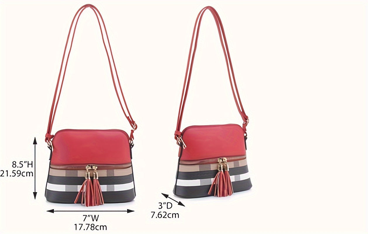 Stylish Plaid Print Dome Shoulder Bag - Zipper Closure, Tassel Decor, Versatile Crossbody Bag For Women