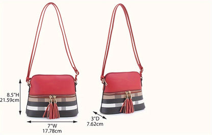 Stylish Plaid Print Dome Shoulder Bag - Zipper Closure, Tassel Decor, Versatile Crossbody Bag For Women