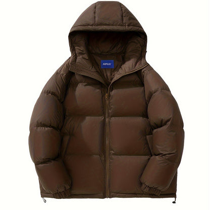 Men's Loose Solid Down Jacket With Pockets, Casual Breathable Zip Up Long Sleeve Warm Hooded Outwear For Winter Outdoor Activities