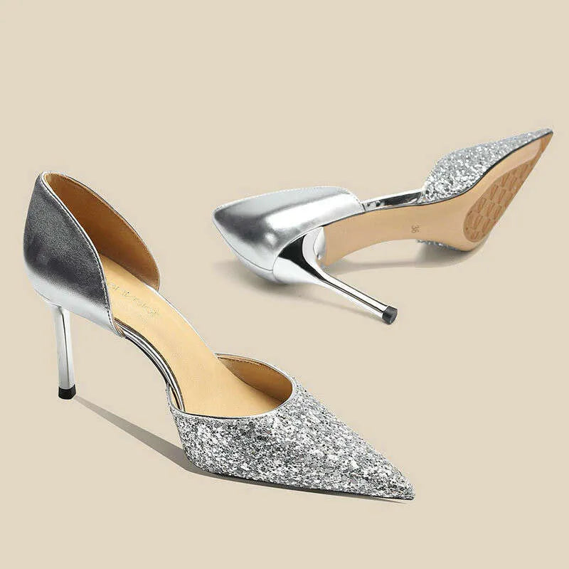 Glitter Pointy Heels Women's New Shallow Mouth Pumps Temperament Fairy Wind Party Hollow French Sandals Kq8