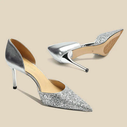 Glitter Pointy Heels Women's New Shallow Mouth Pumps Temperament Fairy Wind Party Hollow French Sandals Kq8