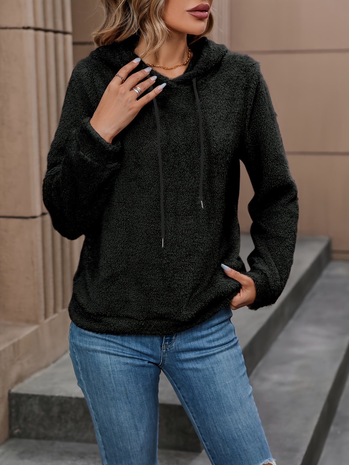 Cozy Solid Color Teddy Hoodie - Women's Casual Long Sleeve Drawstring Hoodie Sweatshirt with Soft Fleece Lining, Relaxed Fit, and Adjustable Hood - Perfect for Daily Wear, Outdoor Activities, and Lounging Around