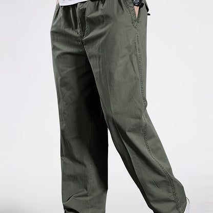 Men's Cotton Casual Pants - Solid Color, Loose Fit Cargo Trousers for Spring & Fall, Machine Washable