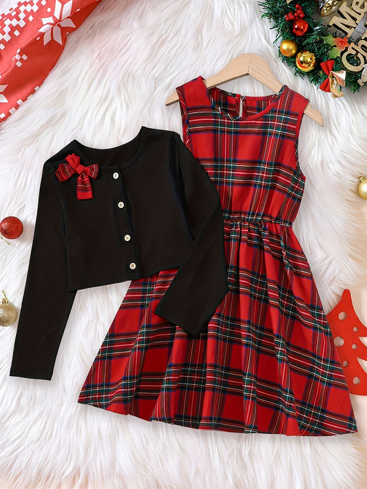 Girls' Casual And Fashionable Christmas Party Plaid Two-Piece Skirt, All-Match for Autumn And Winter