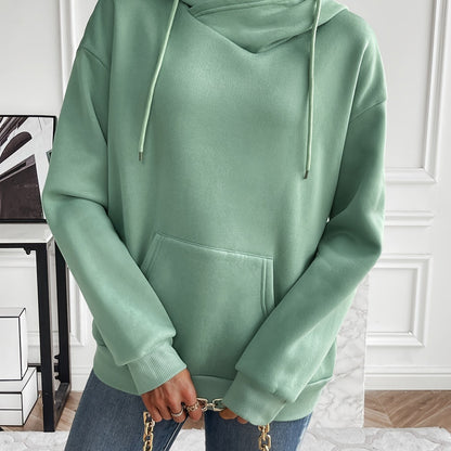 Womens Chic Solid Drawstring Hoodie Sweatshirt - Adjustable Hood, Cozy Pocket, Long Sleeves - Trendy Casual Wear for Comfort and Style