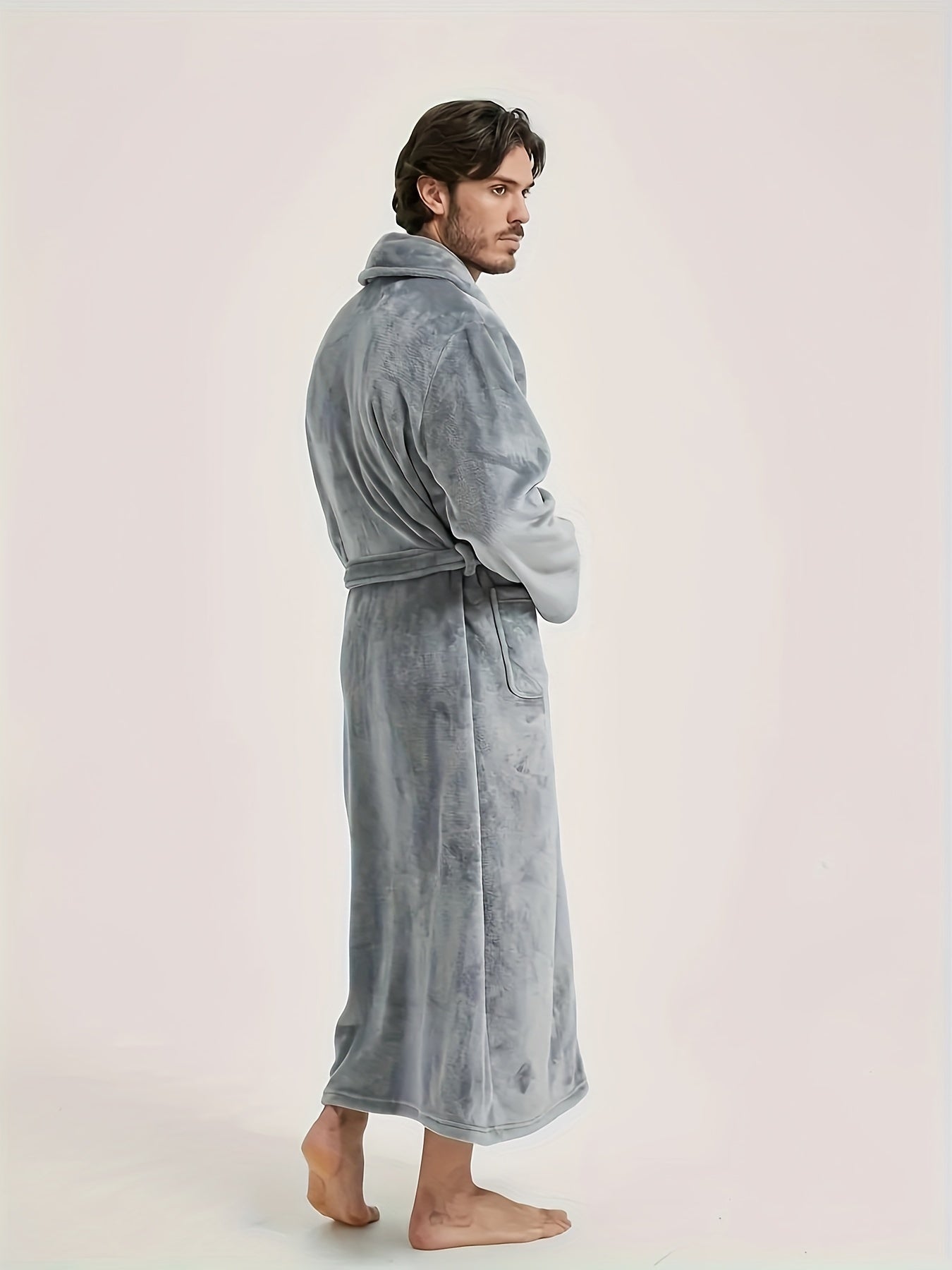 Cozy V-Neck Flannel Robe - Soft Fleece Elegant Long Sleeve Lounge Wear for Men - Autumn/Winter Comfortable Loose Fit, Super Stylish, Plush Fabric, Warm and Breathable