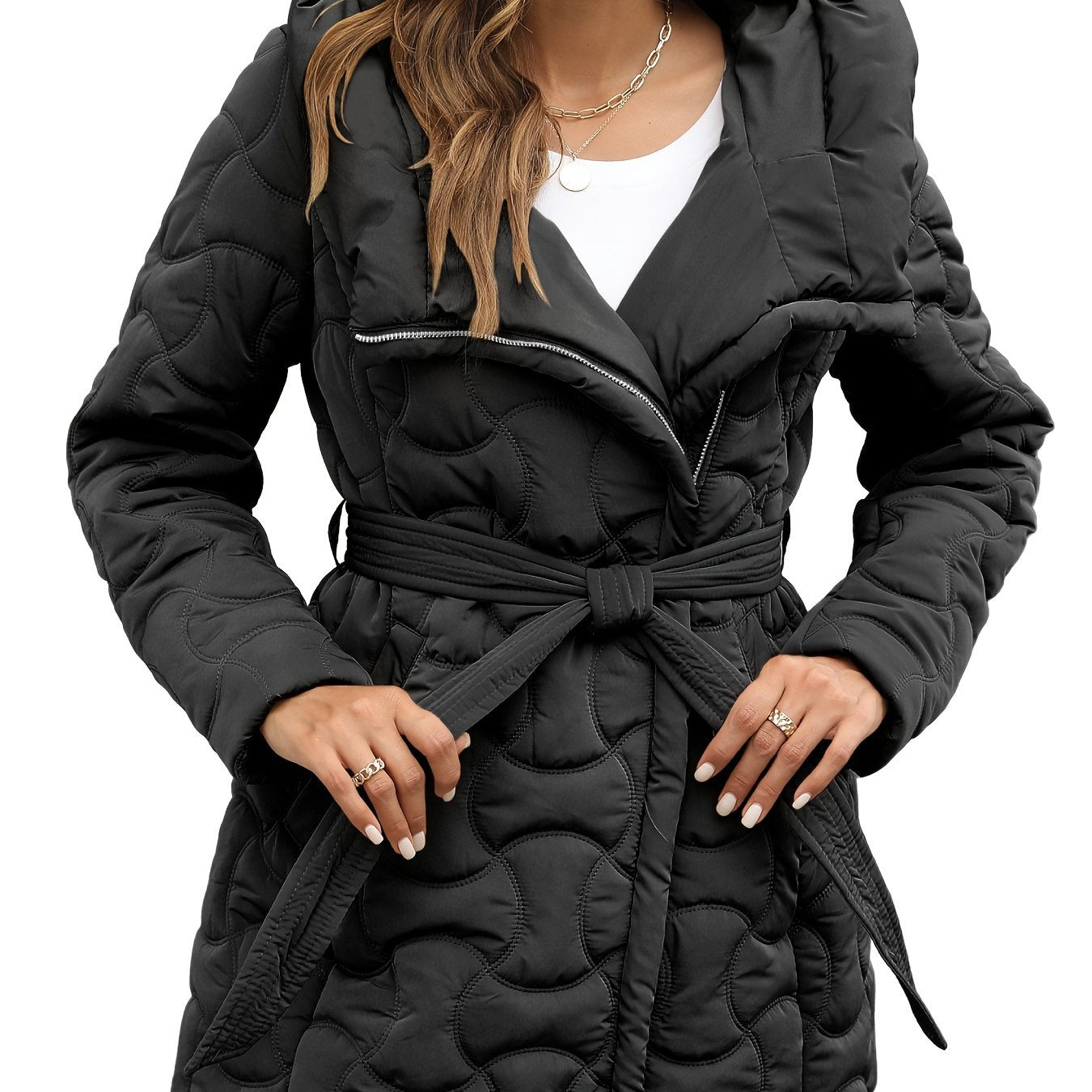 Women's Elegant Long Sleeve Hooded Cotton-padded Jacket Coat - Solid Color Zipper Front Coat with Belt and Pockets for Winter