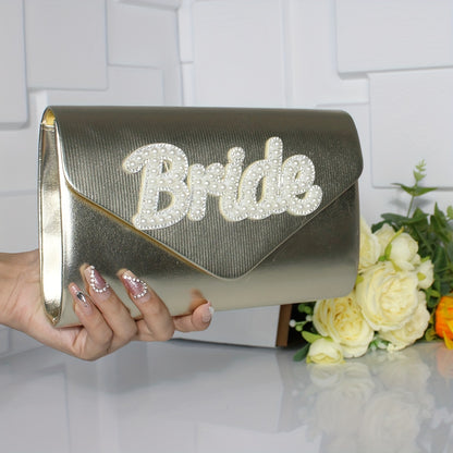 Bridal Clutch Bag With Faux Pearl Lettering, Elegant Pearl White PU Evening Purse, Fashionable Square Crossbody With Chain Strap