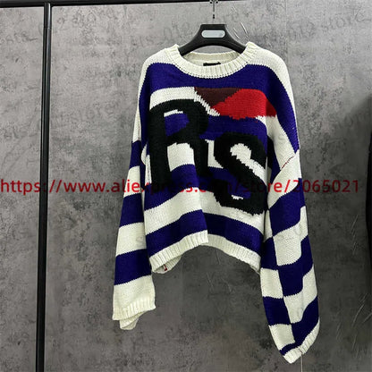 Men's Sweaters Blue Stripe RAF SIMONS RS Sweater For Men Women Top Version Oversize Bat Shirt Knit Sweatshirts T230921