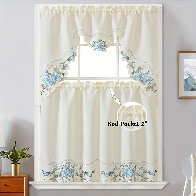 3-Piece Polyester Beige Floral Embroidered Window Curtains - Perfect for Home Decoration in Bedroom, Living Room, Kitchen & More!