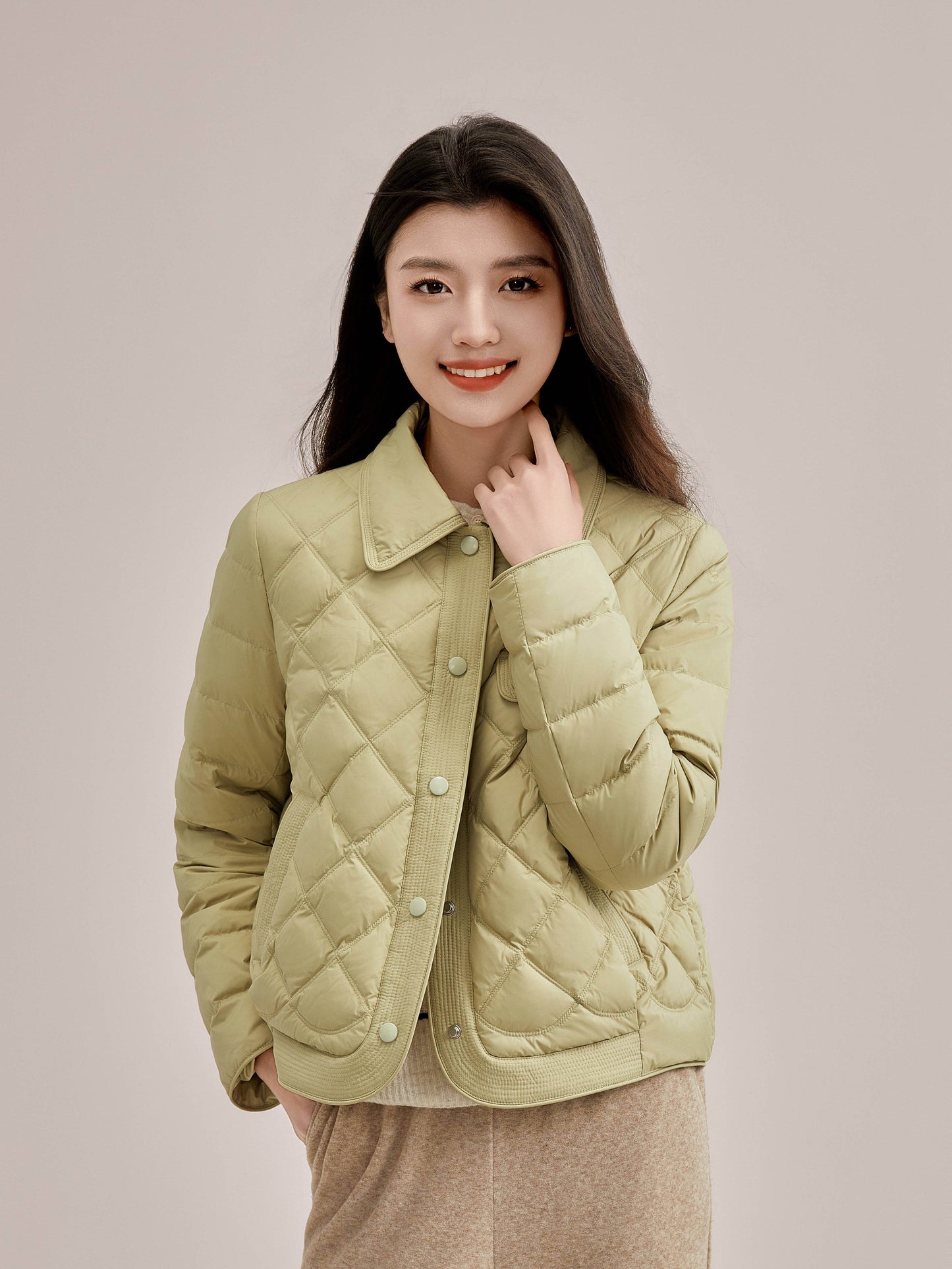 Solid Button Front Lapel Neck Coat, Casual Side Pockets Long Sleeve Quilted Crop Down Coat For Fall & Winter, Women's Clothing